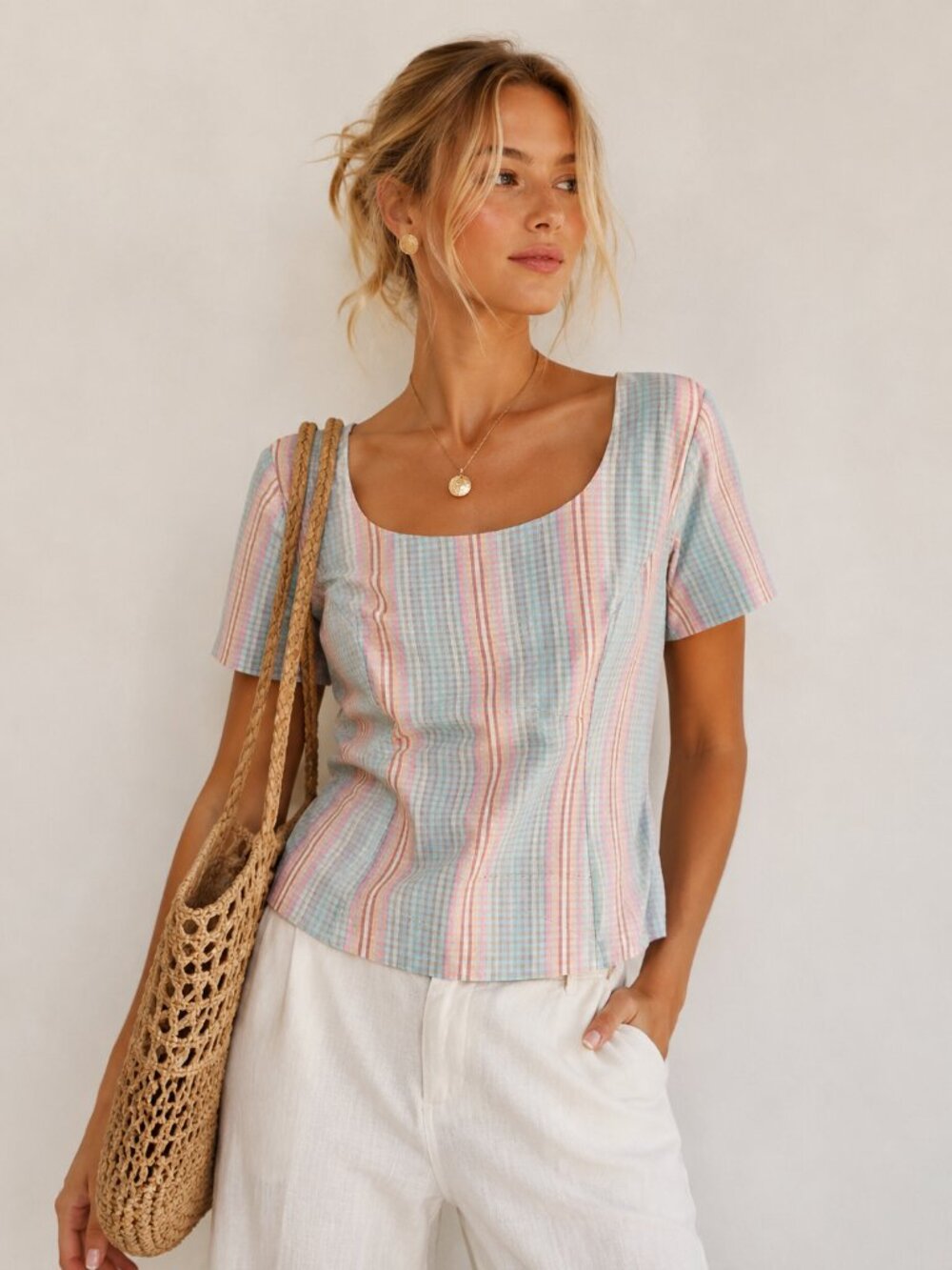 Vintage Thai Silk Pastel Plaid Blouse Coastal Vacation Chic Cottagecore Top